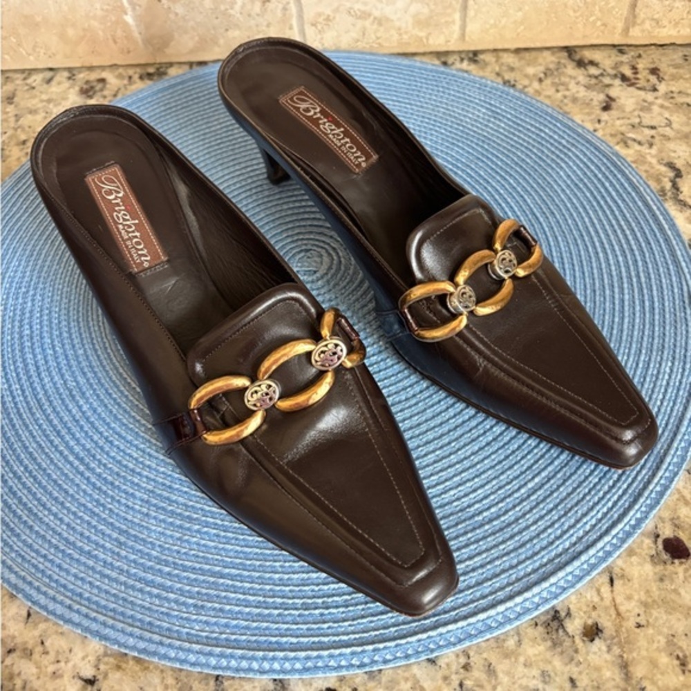 BRIGHTON TOSCA Pointed Toe Slip On Slides Mules Brown Gold Silver Detail 6.5